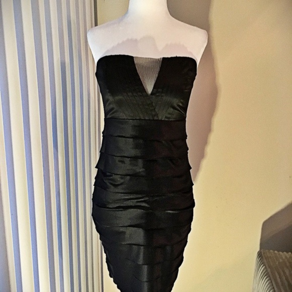 Forever 21 Black Satin Strapless‎ Tiered Bodycon Dress Mesh V-Neck Small
